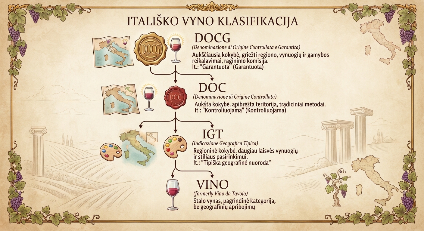 Itališko vyno klasifikacijos schema, rodanti kategorijas nuo aukščiausios iki žemiausios: DOCG, DOC, IGT ir VINO